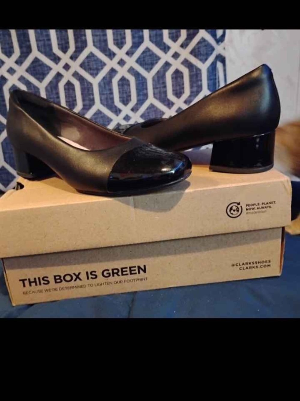 Clarks Women’s Black Block Heel Pumps with Patent Cap Toe